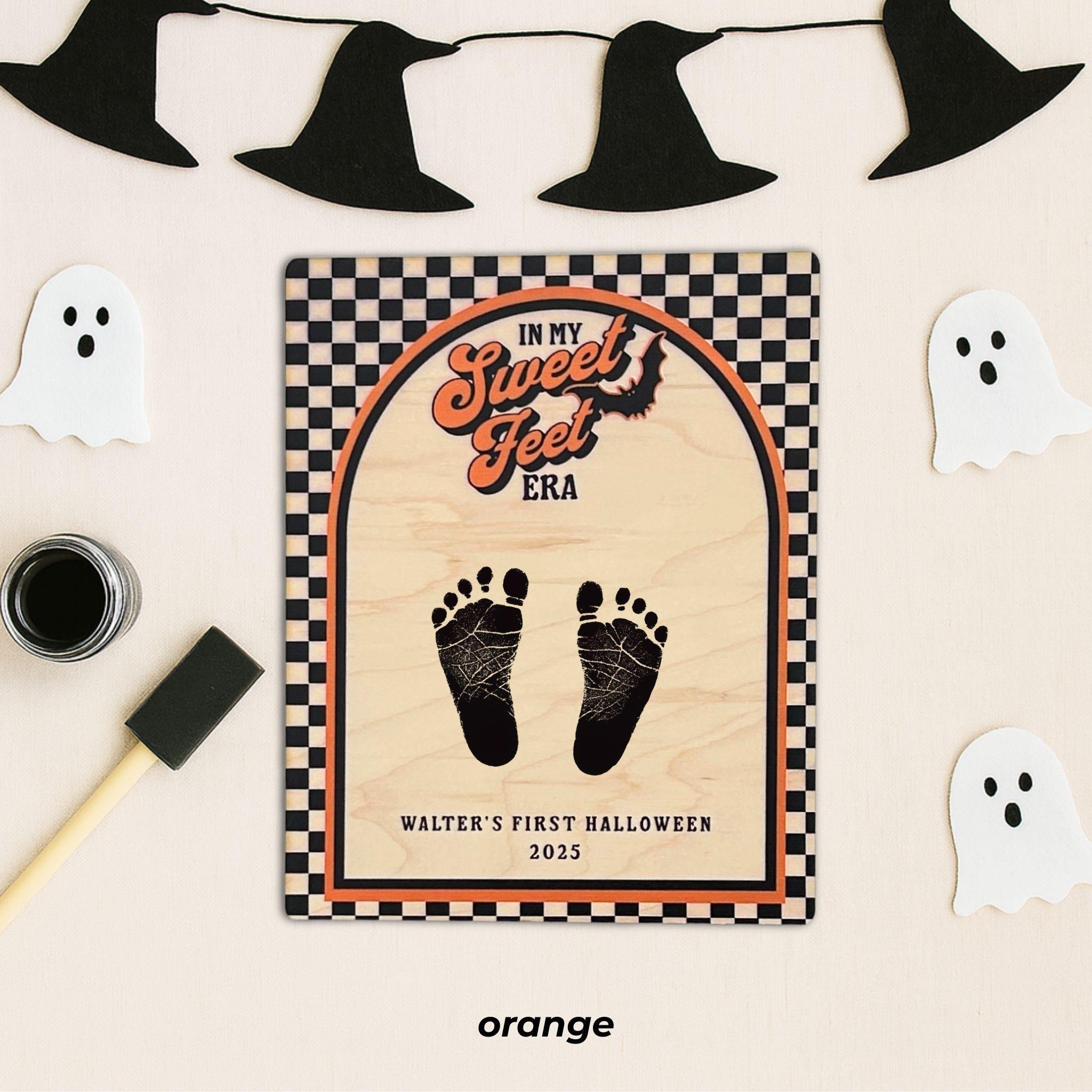 Retro inspired baby keepsake sign for capturing Halloween footprints
