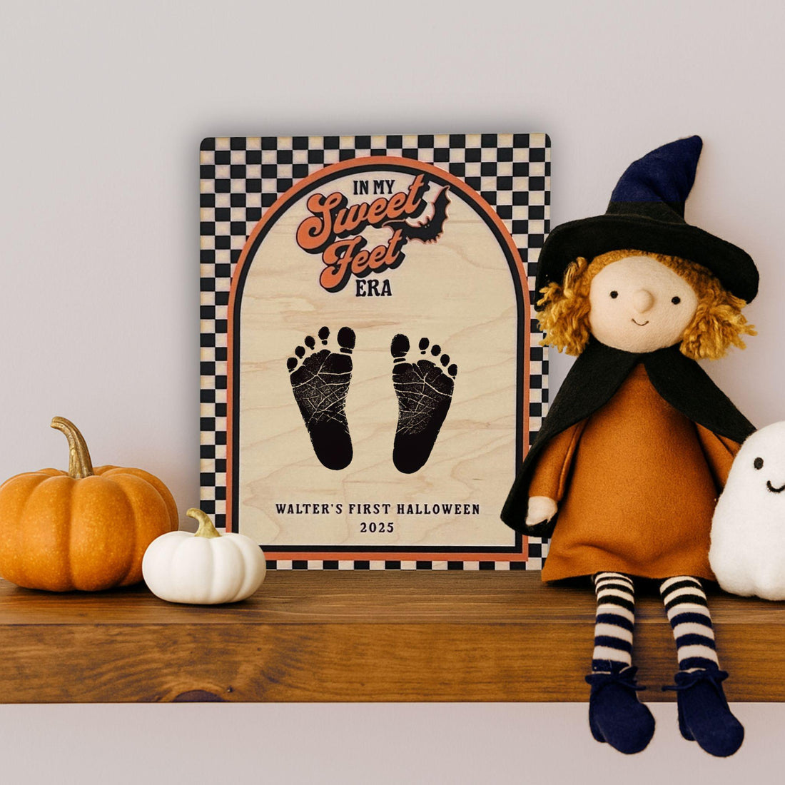 In My Sweet Feet Era retro footprint sign for baby’s first Halloween