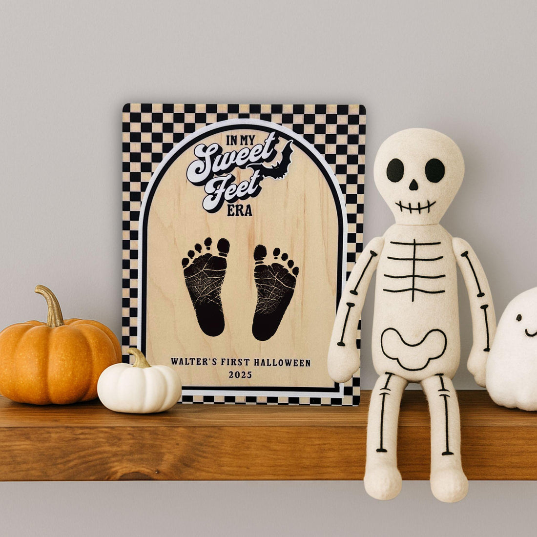 Baby Halloween footprint board with retro black and white border