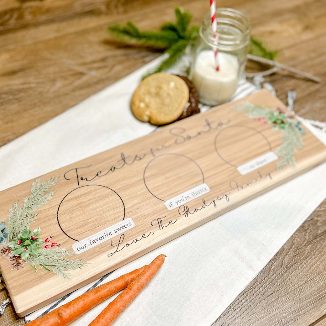 Personalized treats for santa evergreen cookie tray closeup