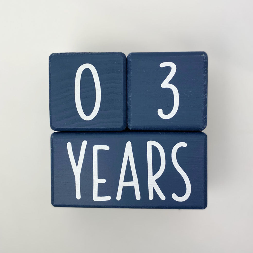 Milestone blocks from Birchmark Designs in navy, with Aspen style font