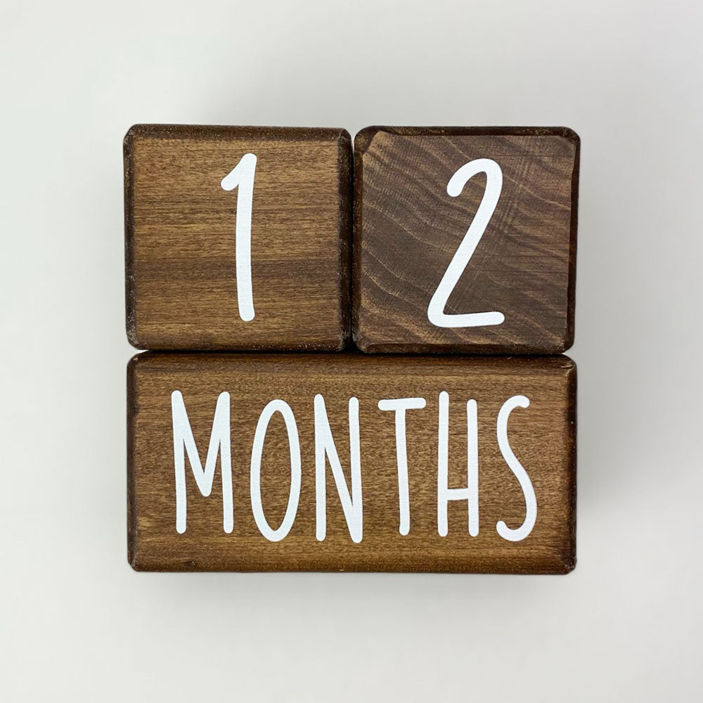 Aspen baby milestone blocks in walnut at 12 months