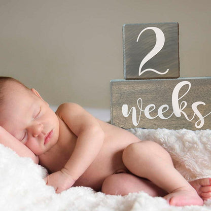 Sleeping 2 week baby with Birch style milestone blocks in gray stain