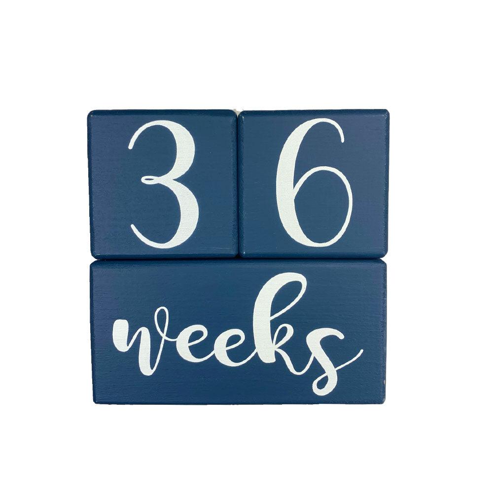 Wooden Birch baby milestone blocks in navy showing 36 weeks