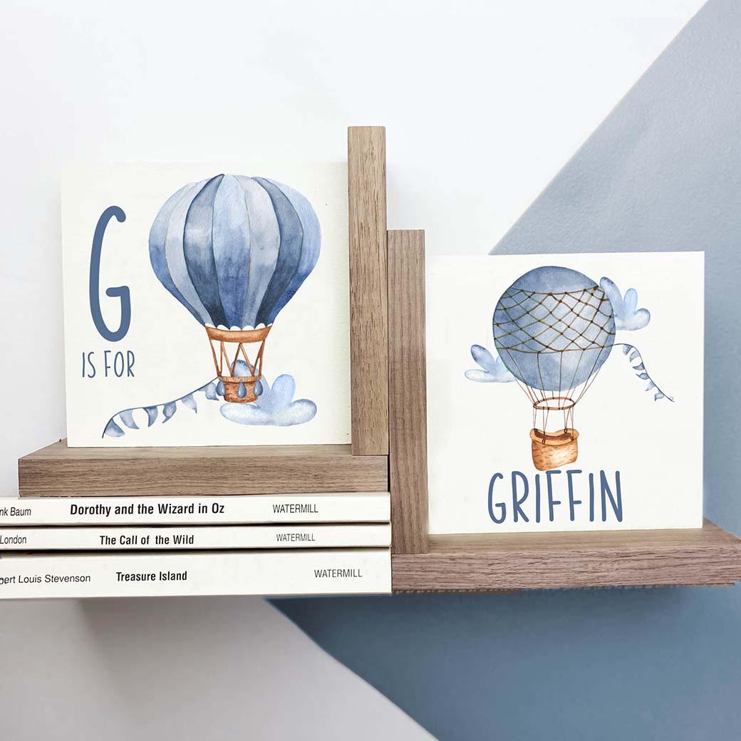 L shaped hot air ballon nursery bookends in blue