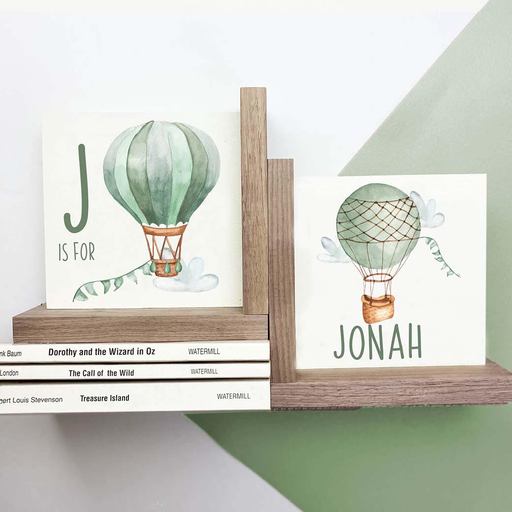 L shaped hot air ballon nursery bookends in green