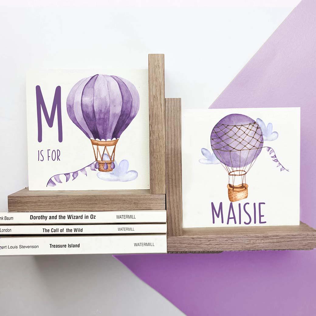 L shaped hot air ballon nursery bookends in purple