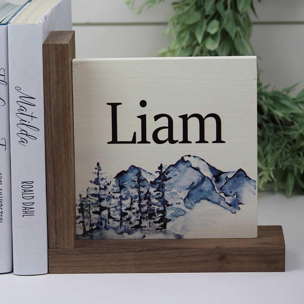 L shaped blue mountain nursery kids bookend set personalized for Liam