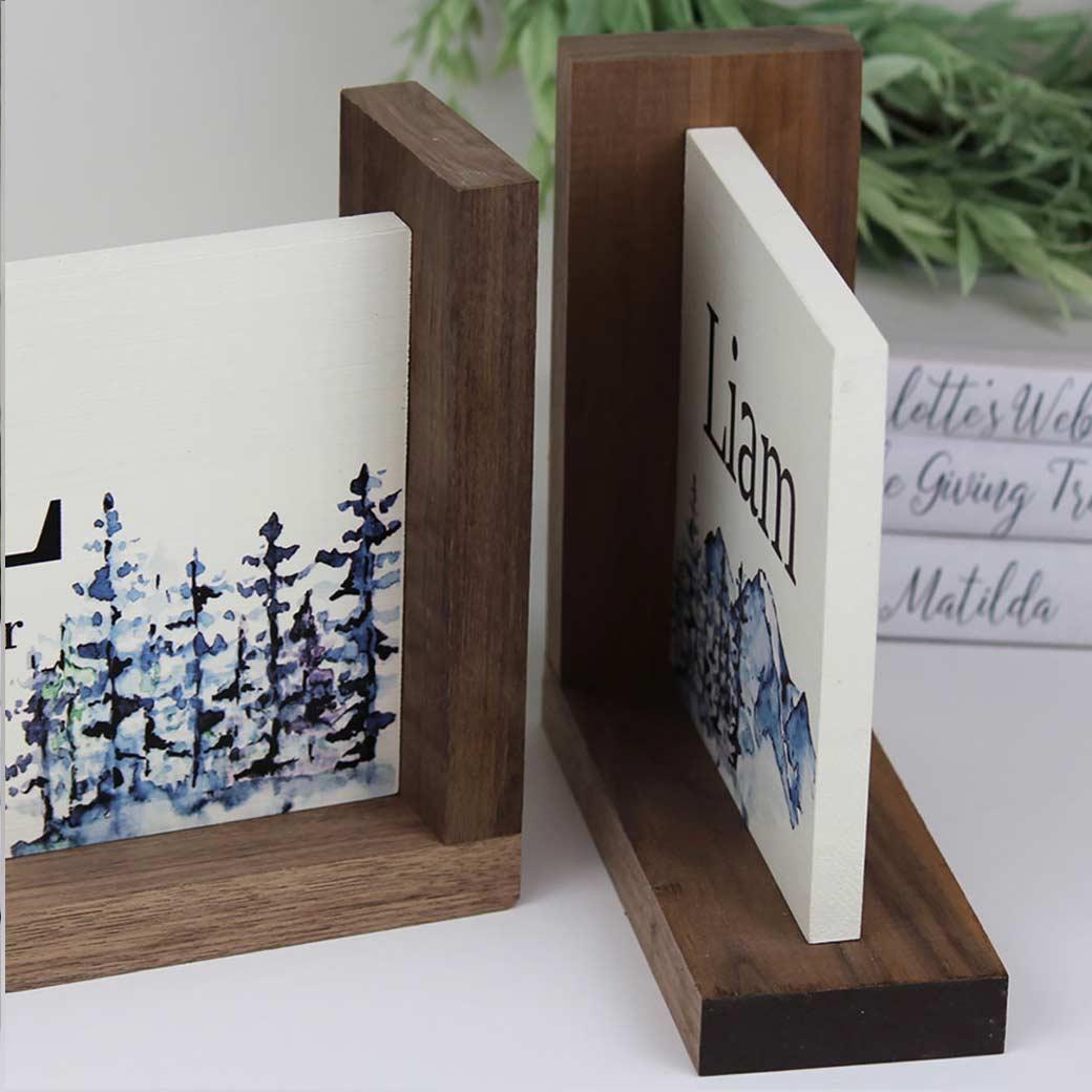 L shaped blue mountain nursery kids bookend set side view