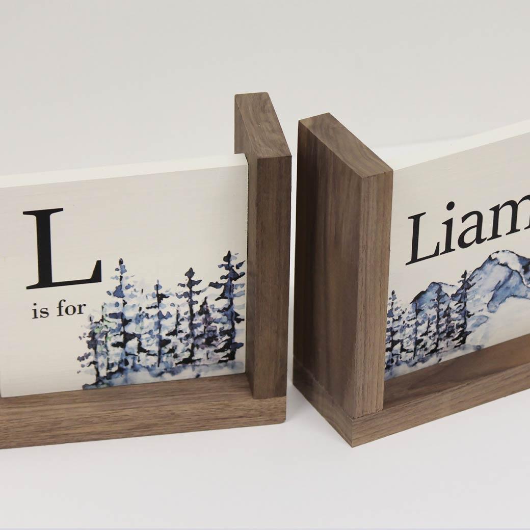 L shaped blue mountain nursery kids bookend set