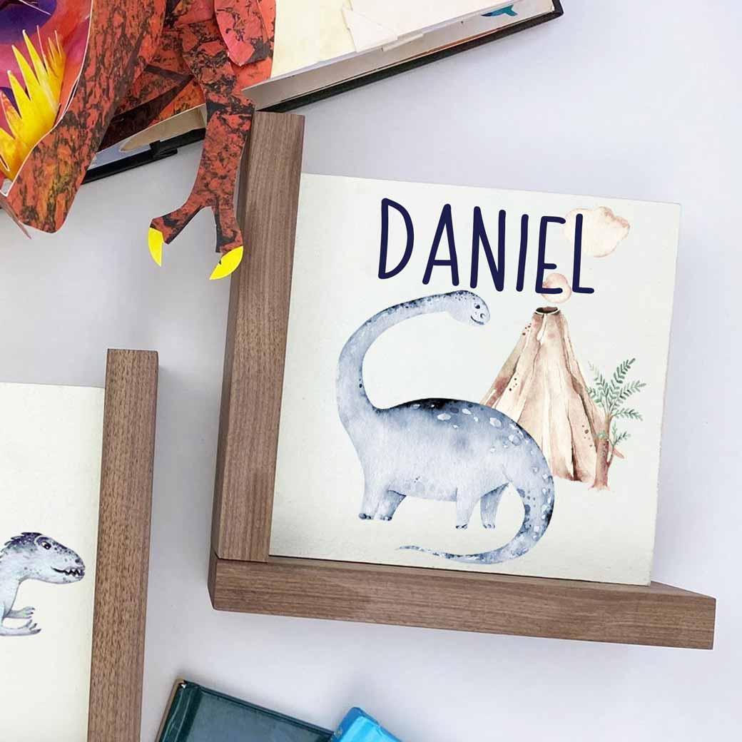 L-shaped dinosaur nursery kids bookends personalized with brontosaurus and volcano