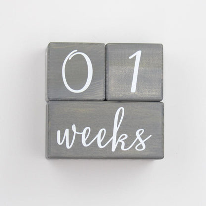 Willow baby milestone blocks in gray stain at 01 weeks