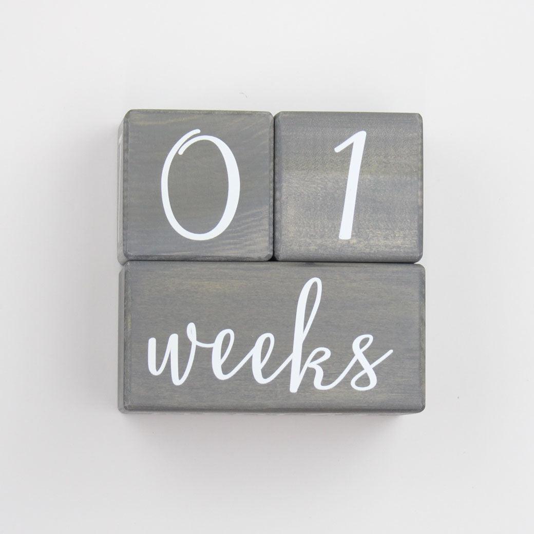 Willow baby milestone blocks in gray stain at 01 weeks
