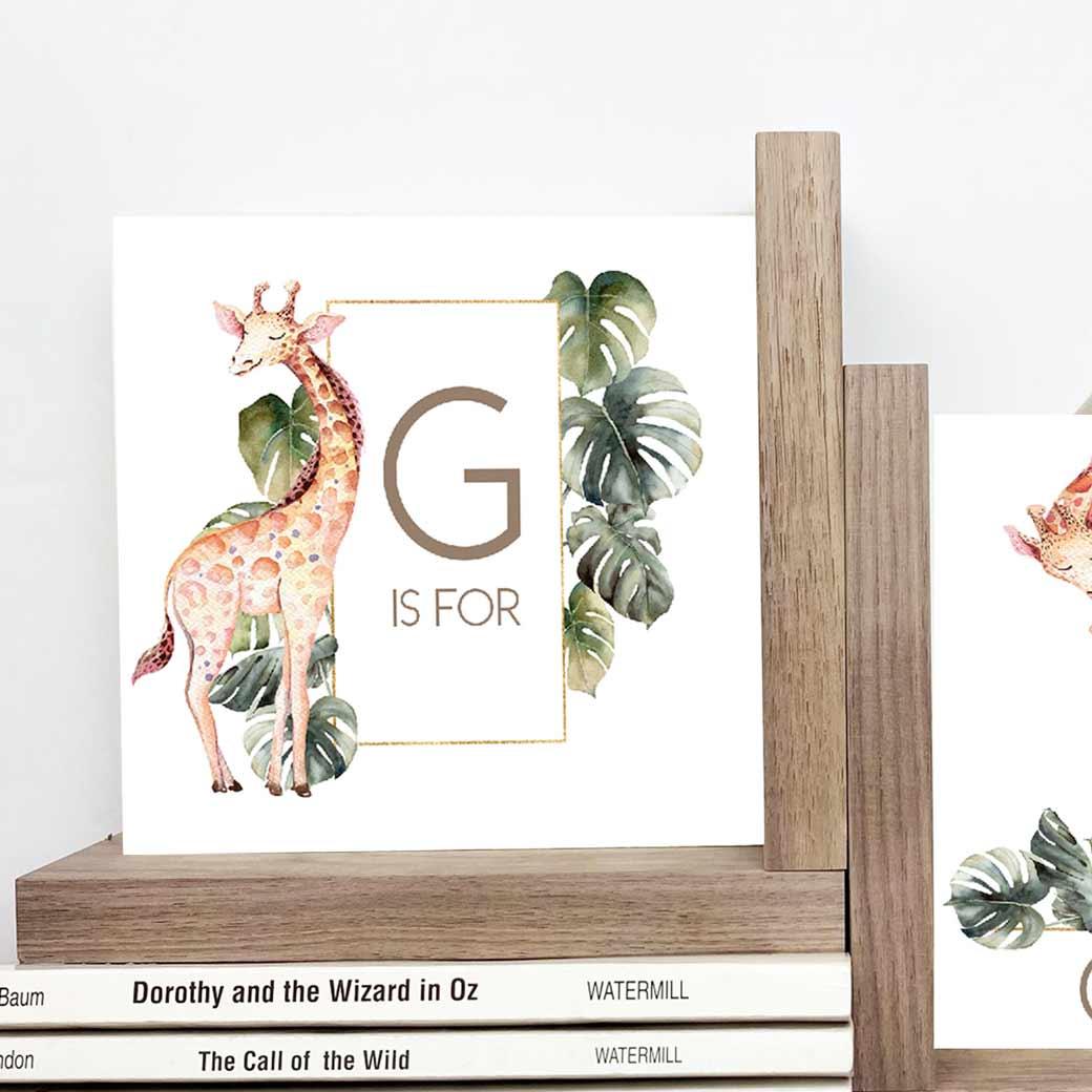 L-shaped giraffe safari nursery kids bookends with letter G