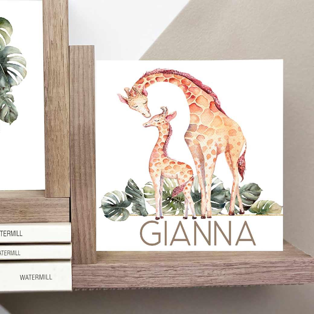 L-shaped giraffe safari nursery kids bookends personalized with name