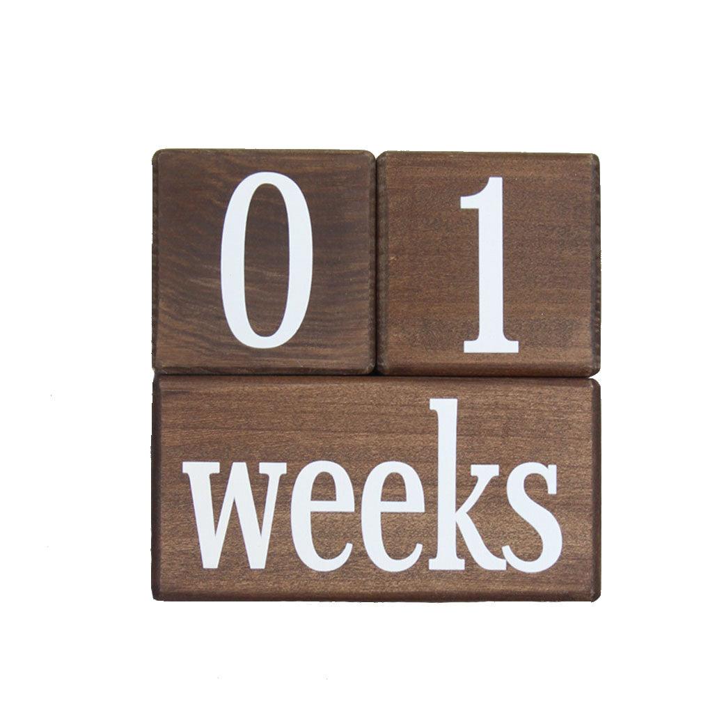 Hickory baby milestone blocks in walnut at 01 weeks