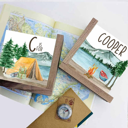 Mountain nursery bookend set with camping and lake scenes