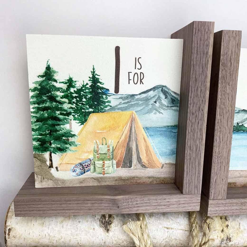 Mountain nursery bookend set with camping and lake scenes
