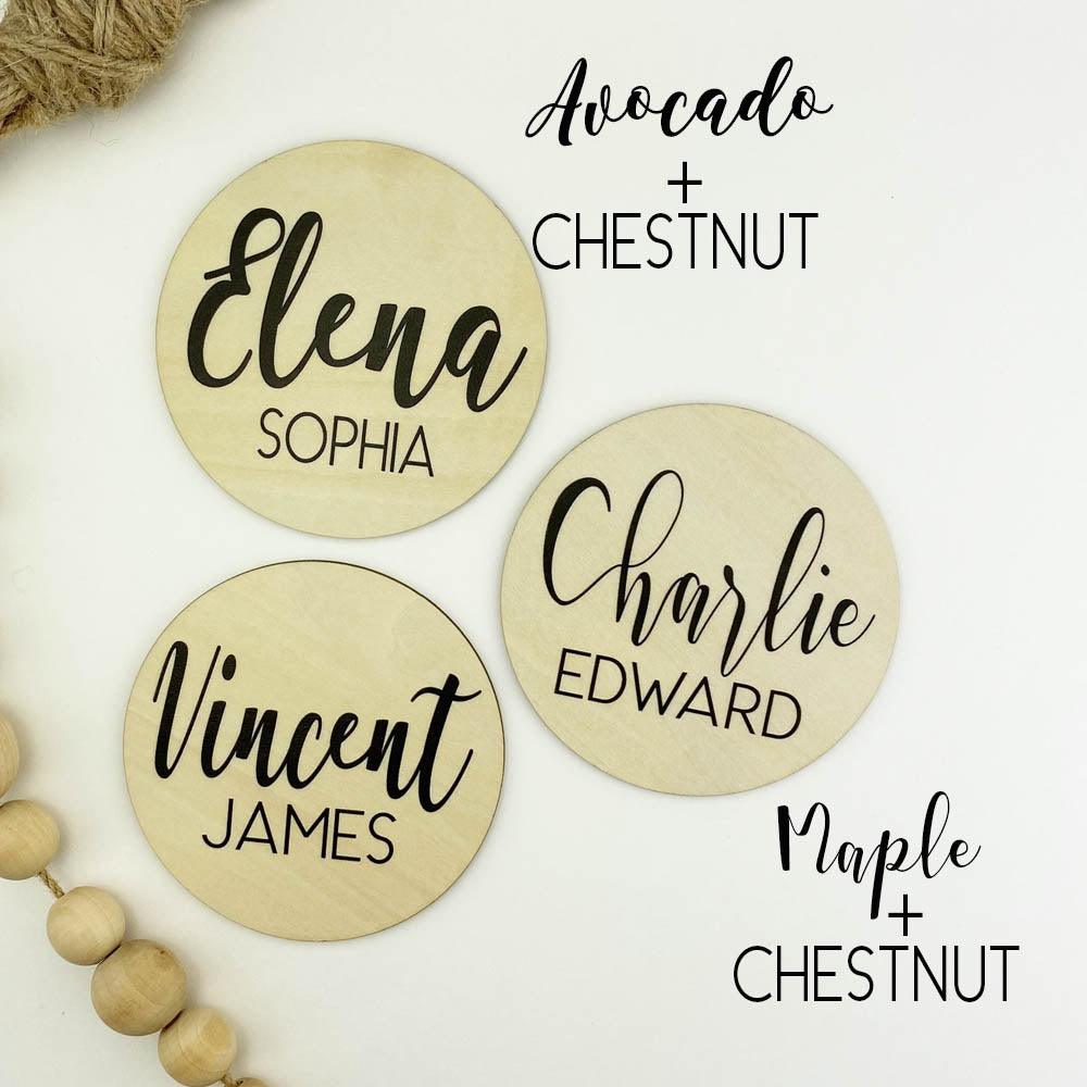 Personalized round wooden name announcement sign
