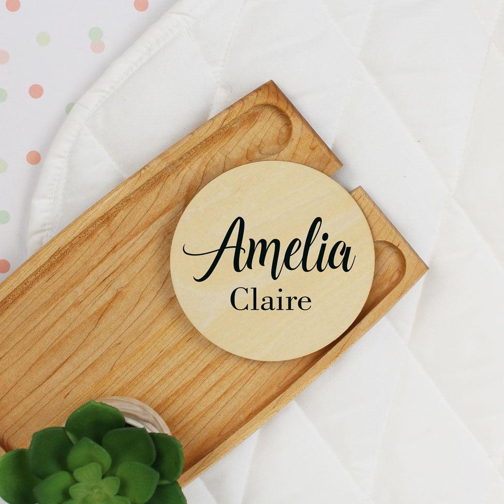 Personalized round wooden name announcement sign