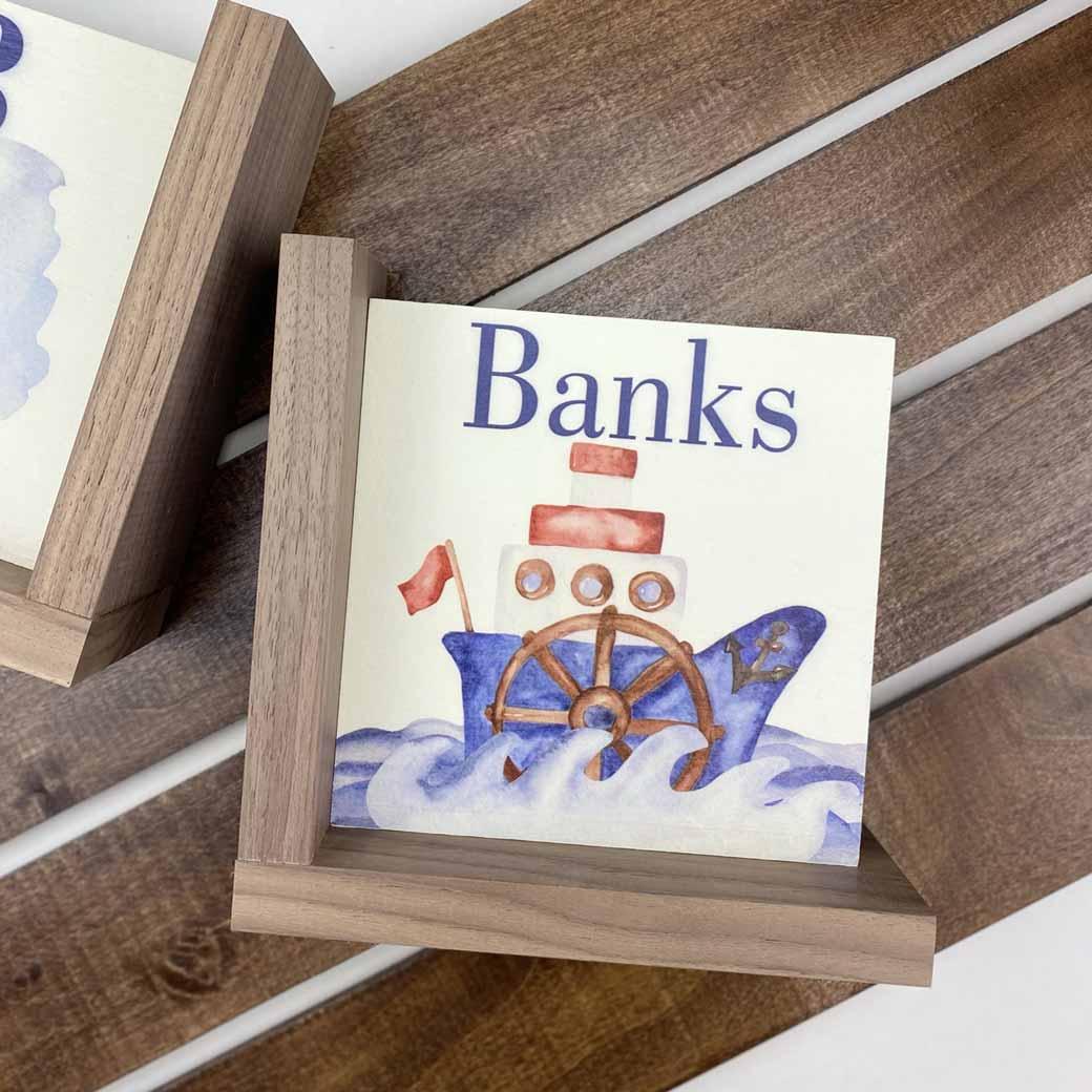 L-shaped kids bookends with nautical boat