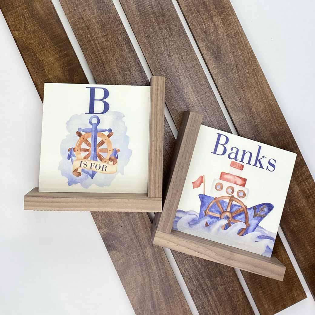 L-shaped kids bookends in nautical nursery theme