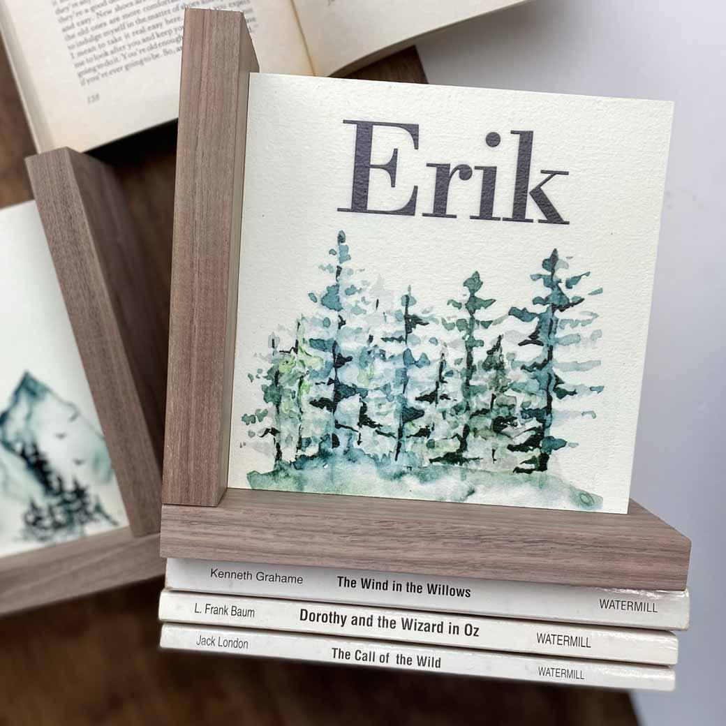 L-shaped snowy mountain nursery bookends personalized