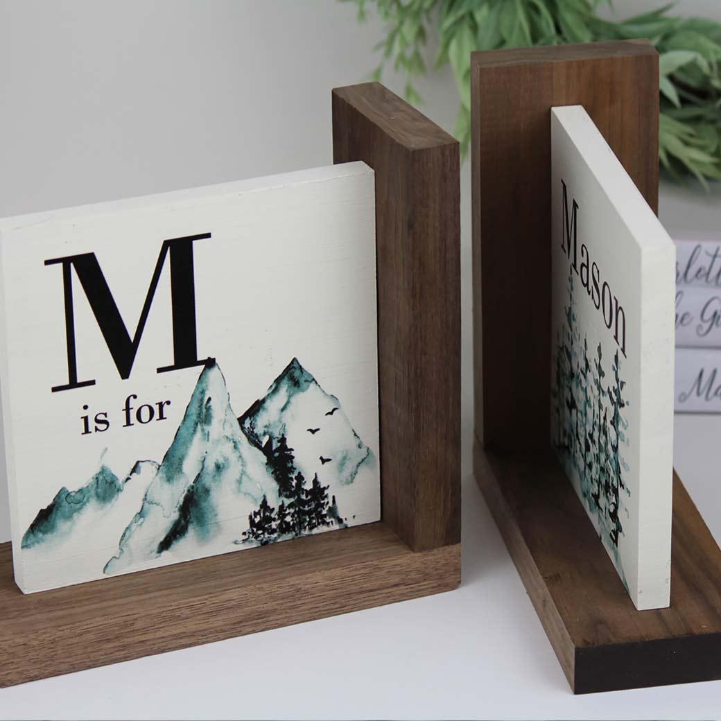 L-shaped snowy mountain nursery bookends side view