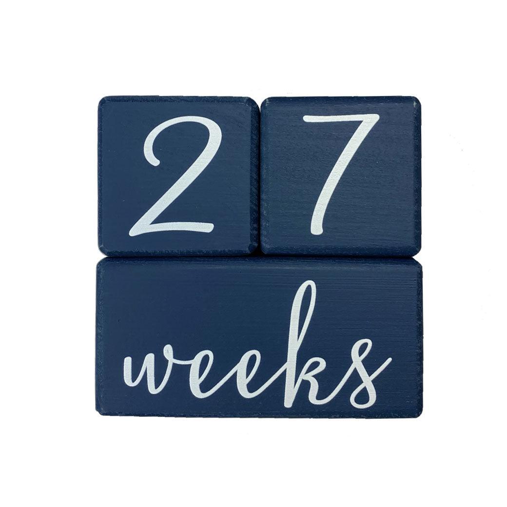 Willow baby milestone blocks in navy at 27 weeks