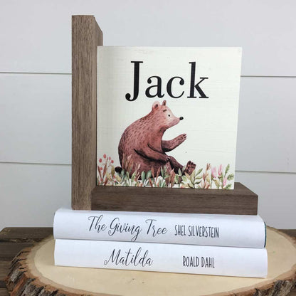 L shaped woodland bear nursery bookends personalized for Jack