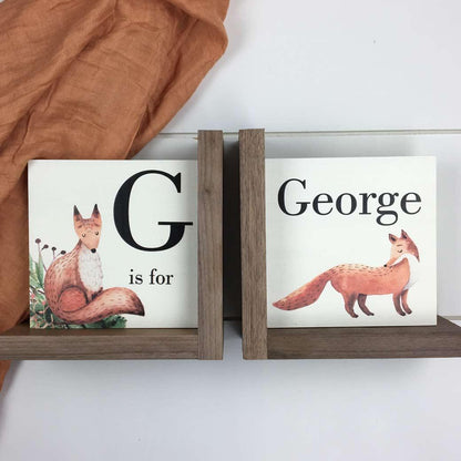 L shaped woodland fox nursery bookends