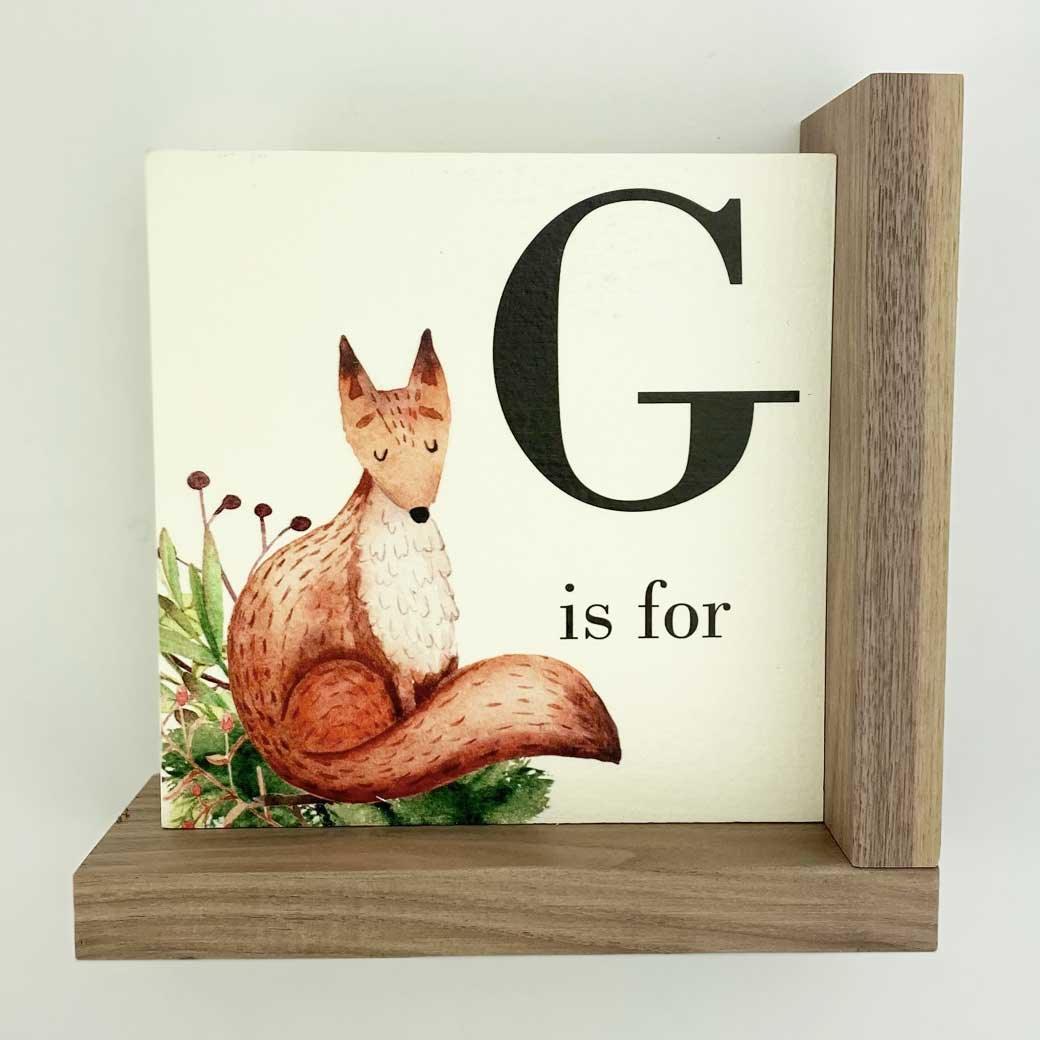 L shaped woodland fox nursery bookends letter G