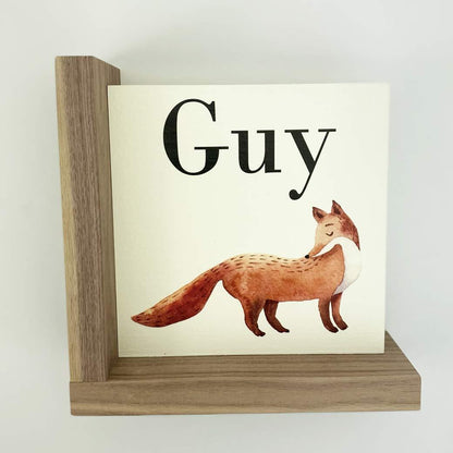 L shaped woodland fox nursery bookends personalized for Guy