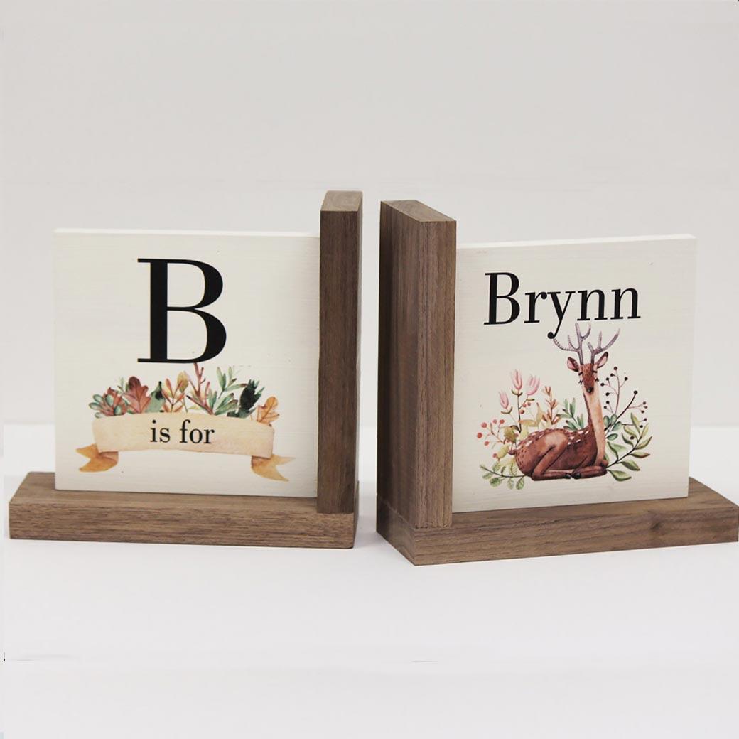 L shaped woodland deer nursery bookends personalized for Brynn