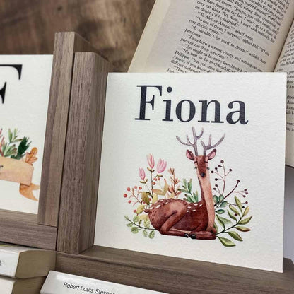 L shaped woodland deer nursery bookends personalized for Fiona